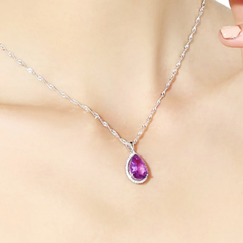 HuiSept Women Necklace 925 Silver Jewelry with Amethyst Zircon Gemstone Water Drop Shape Pendant for Wedding Party Gift Ornament