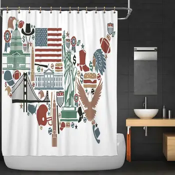 

Map Bathroom Decor Set,Traditional Symbols in The Form of United States of America Map Travel Landmarks Flag Decorative with