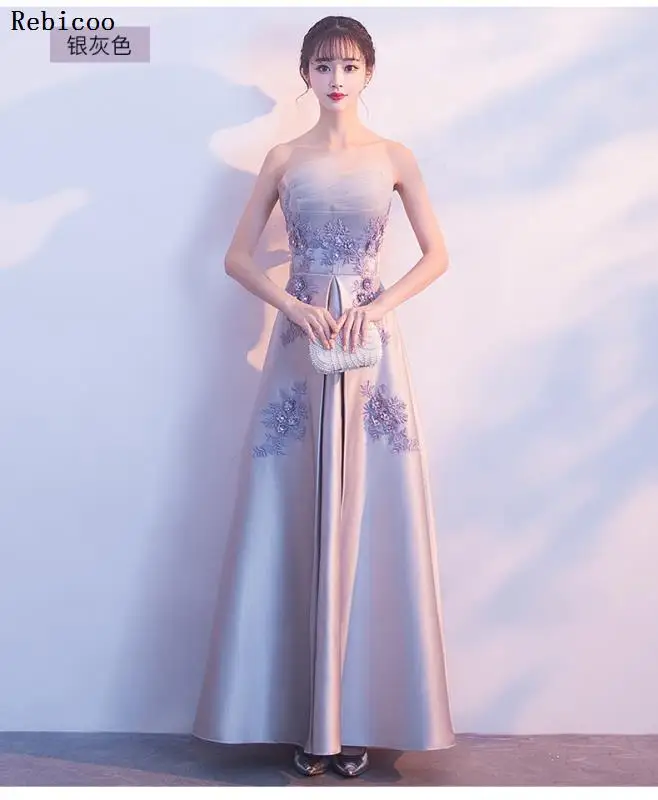 silver gray long Новинка, атласное женское вечернее платье, свадебное, сексуальное, без бретелек, на шнуровке, элегантное платье, вечернее, Сетчатое, с аппликацией, женское, официальное платье - Цвет: silver gray long