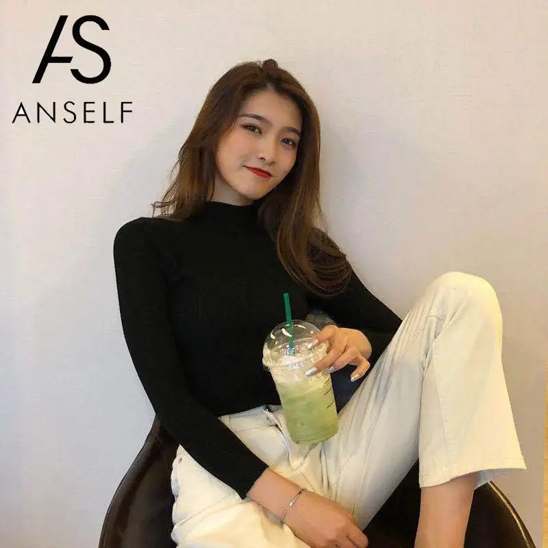 

ANSELF Knitted Tunics Women Turtleneck Sweater Long Sleeve Knitting Top Slim 2019 Winter Autumn Elastic Pullover Basic Knitwear