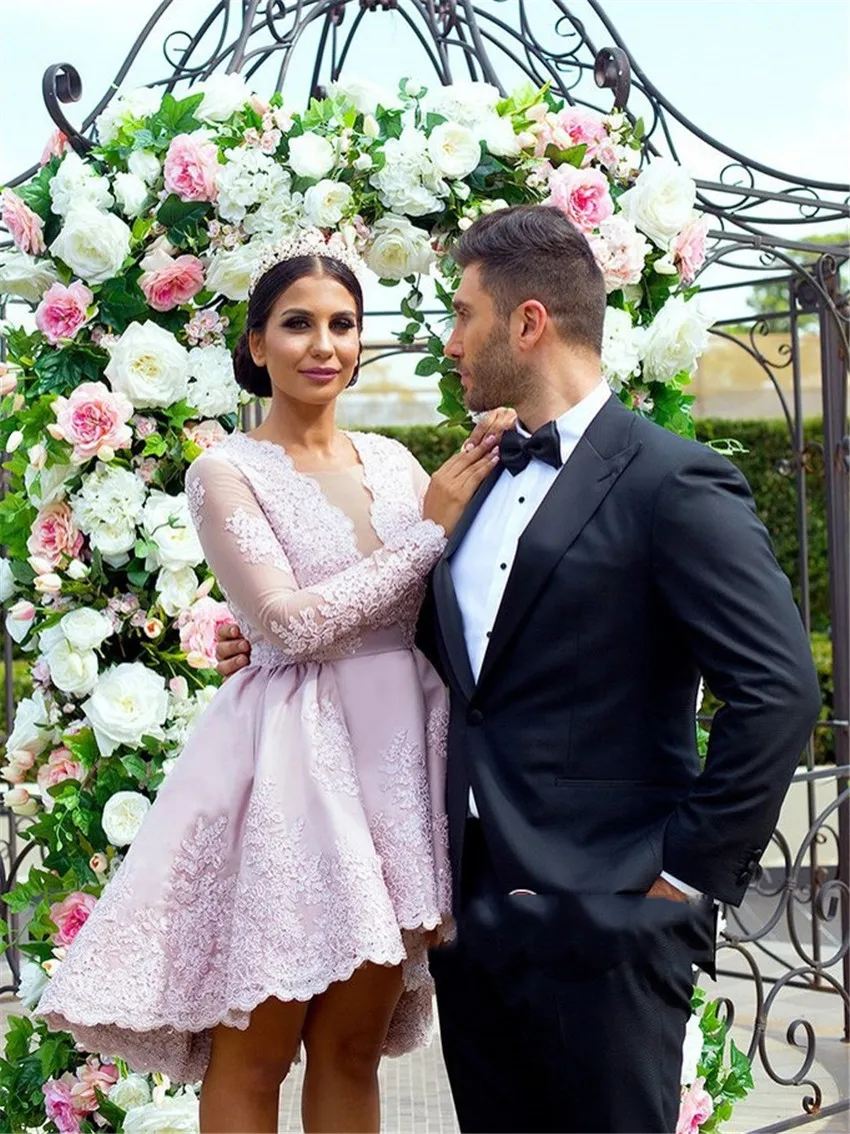

Elegant Pink Lace Short High Low Cocktail Dresses Full Sleeves Appliques Prom Gowns Short Formal Dresses Vestido Coctel