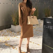 Otoño Invierno elegante suéter vestido de cuello redondo largo sólido Delgado cordón cintura tejido vestido femenino moda Vintage suéteres(China)