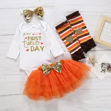 Одежда на День Благодарения для новорожденных девочек; комплект модной одежды для малышей; комбинезон с юбкой и повязкой на голову; гетры