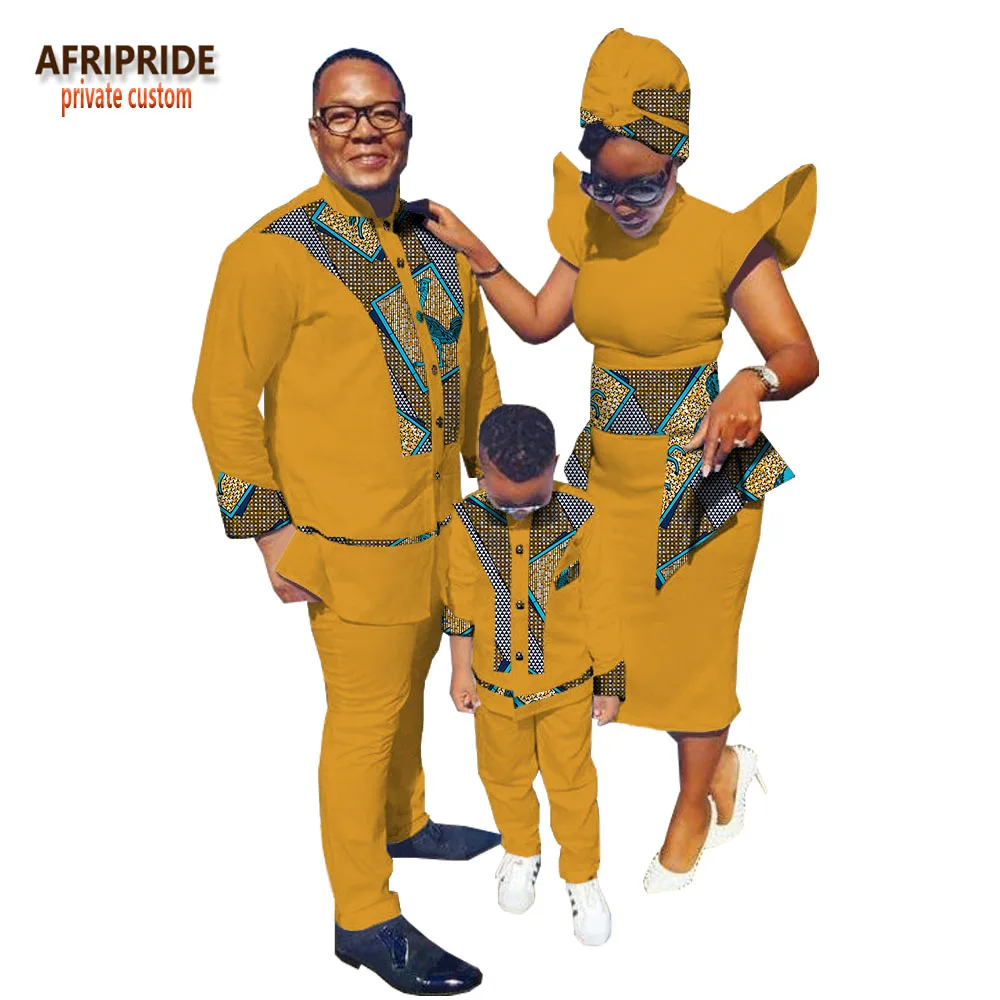 Семейная одежда с принтом в африканском стиле AFRIPRIDE, мужской костюм+ женское платье до середины икры с платьем и шарфом+ костюм для мальчиков Семейный комплект, A18F001 - Цвет: 549J