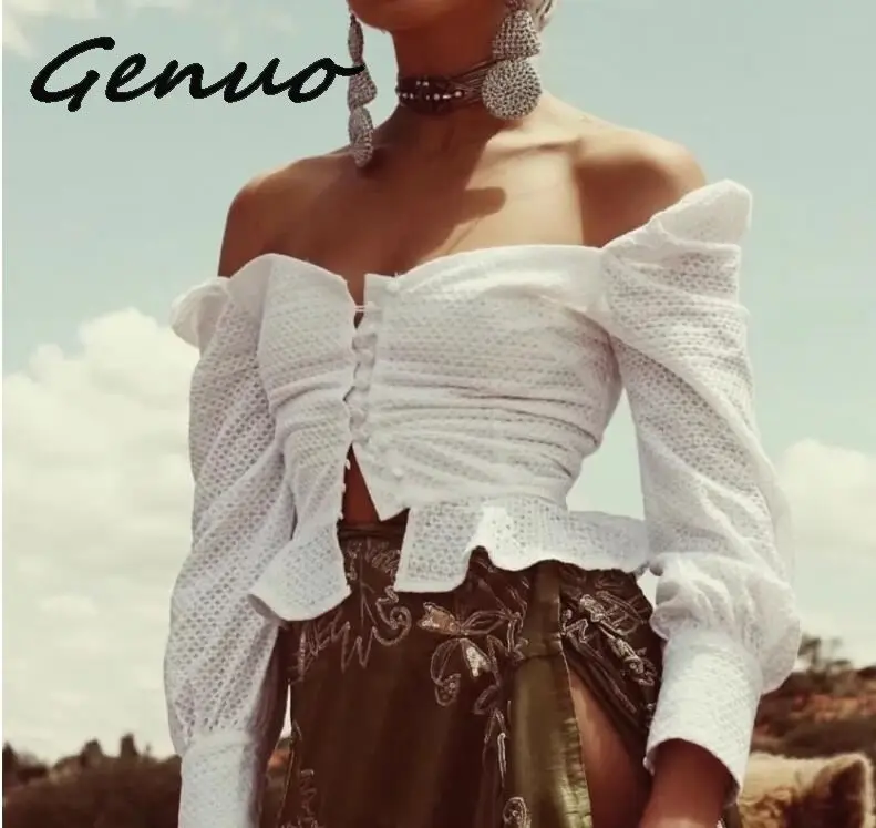 

Genuo New 2019 Womens Tops And Blouse Fashion Backless Blouse Vintage Puff Sleeve Blusas Casual Square Neck Blusa Feminina