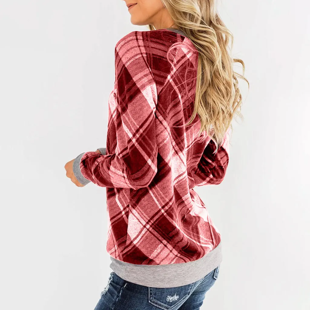 Streetwear T Shirt Women Long Sleeve Plaid Print O-neck Tshirt Femme Tops Spring Autumn Casual Womens Tee Shirts Fashion