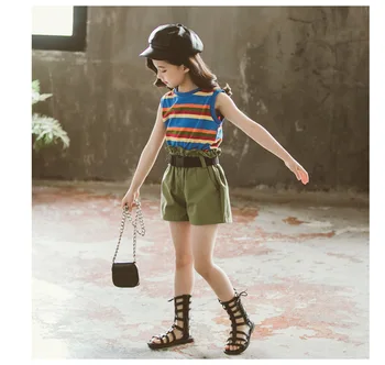 

Baby Girl Fashion Set 2020 Summer New Medium Big Child Korean Casual Sleeveless Tank Shorts 2 Pieces Kids Clothes