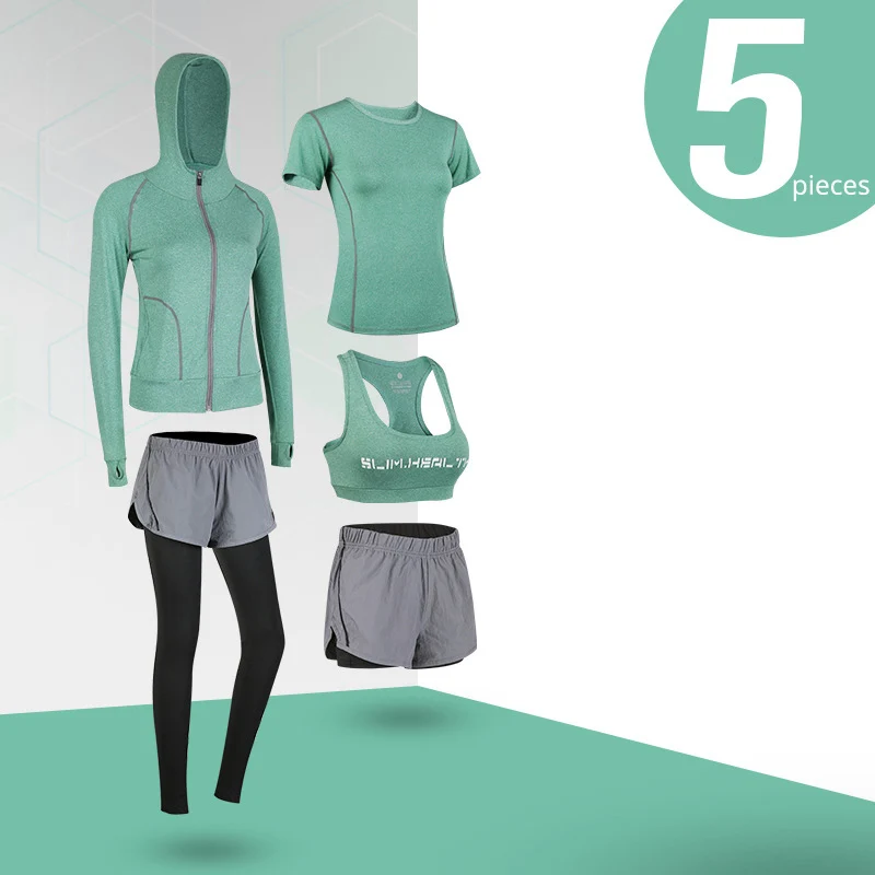 green 5 pcs set 5 шт. женский спортивный костюм Йога набор спортивная одежда спортивный костюм для фитнеса для тренировки одежда для женщин спортивный бюстгальтер леггинсы, спортивная одежда - Цвет: green 5 pcs set