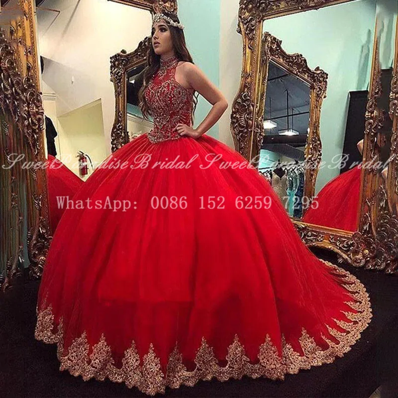 Красное Тюлевое платье Quinceanera с золотой аппликацией из бисера прозрачное бальное