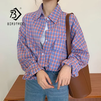 

Autumn New Arrival Women Vintage Oversized Plaid Purple Shirt Batwing Sleeve Blouse Casual Loose Tops Feminina Blusa T06541F