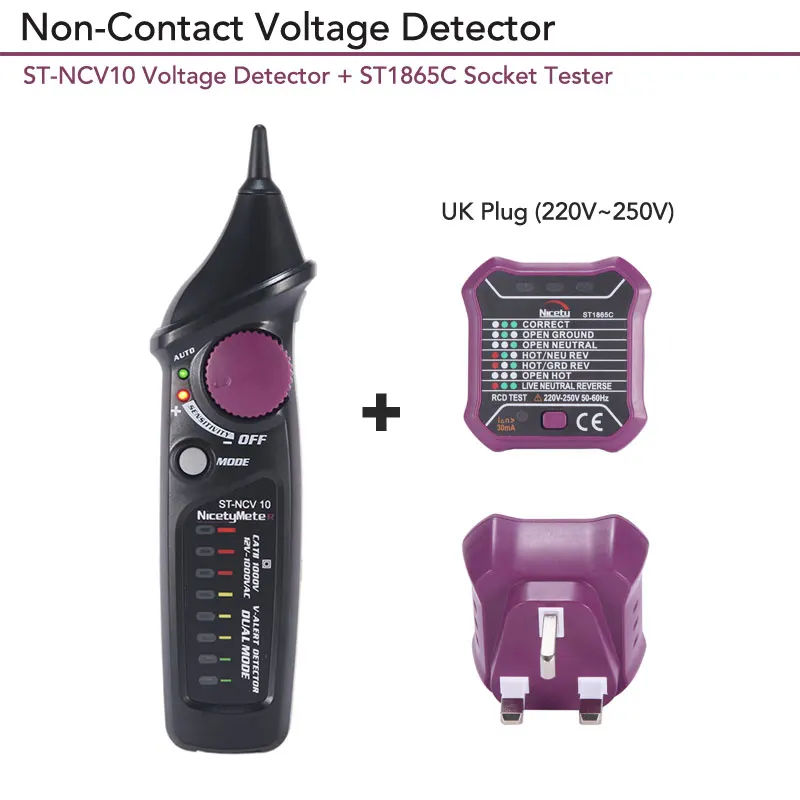 STNCV10-ST1865C Nicetymeter комплект для проверки безопасности дома STNCV10 детектор напряжения и разъем тест er розетка RCD GFCI тест NCV непрерывность сигнализации - Цвет: STNCV10-ST1865C