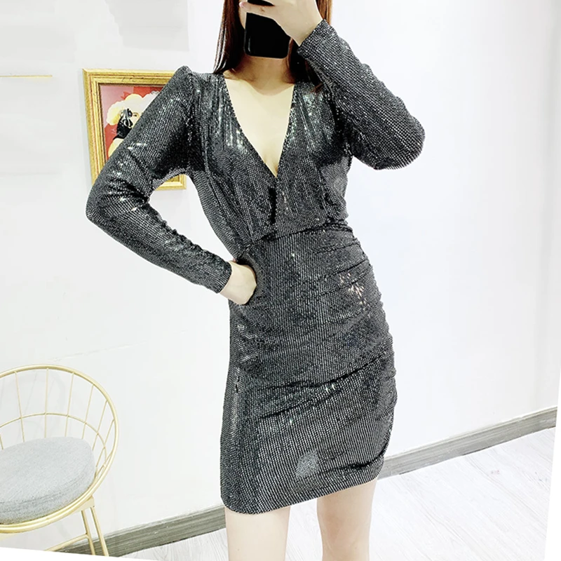 SeeBeautiful Новая мода осень зима Blingbling сексуальный большой v-образный вырез длинный рукав Высокая талия посылка платье для женщин Q596