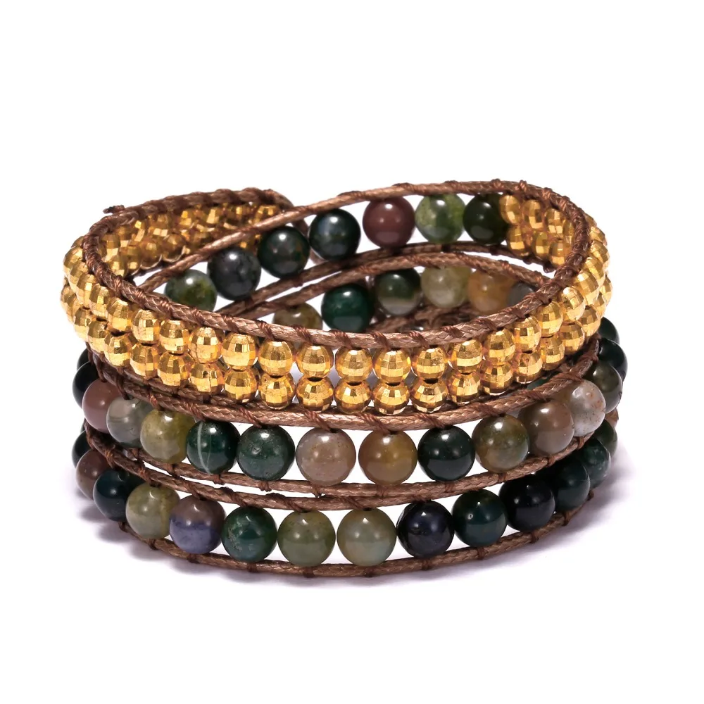 Women Bohemian Bracelets Vintage Multi-layer Leather Wrap Bracelet Handmade Rope Indian Natural Stone Bracelets Dropship