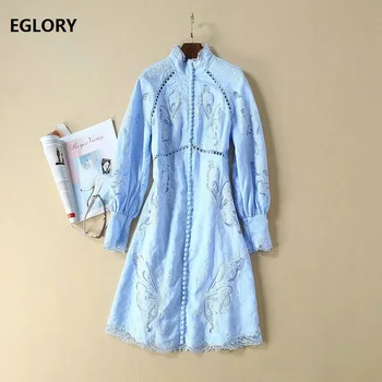 

Hollow Out Embroidery Dress 2019 Autumn Designer Fashion Women Butterfly Pattern Tunic Button Long Sleeve Party Royal Blue Dress