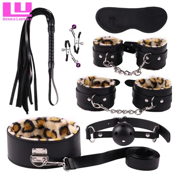 7 in 1 Adult Game Sex Bondage,Restraint,Handcuff,Mouth Plug,Whip,Collar,Nipple Clip,Sexual Fantasy Toys PU Leather SM Product 5
