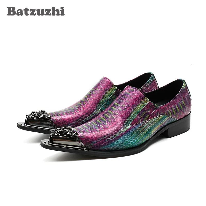 

Batzuzhi Italian Luxury Men Shoes Pointed Iron Toe Formal Men Dress Shoes Colorful Python Pattern Leather Party Wedding Shoes