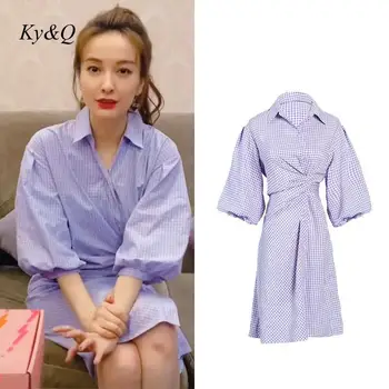 

Runway Fashion Women Autumn Plaid Elegant V-neck Puff Sleeve Midi Dress 2020 High Waist Chic Sexy Irregular Dresses Clothing