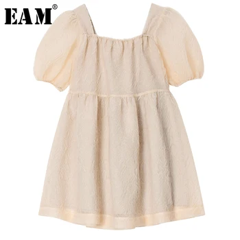 

[EAM] Women Pleated Brief Temperament Dress New Round Neck Short Puff Sleeve Loose Fit Fashion Tide Spring Autumn 2020 1S647
