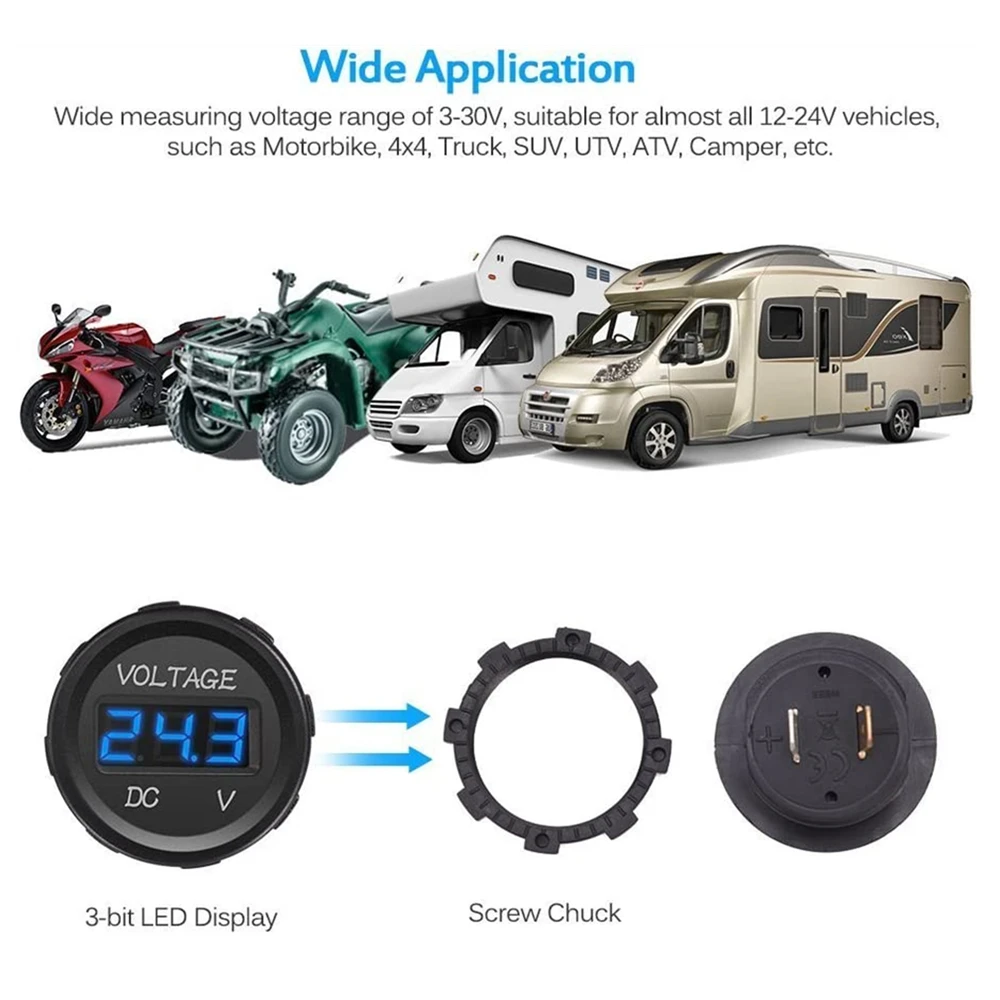 Digital Voltmeter Car Digital Gauge DC 5-48V Car Motorcycle Voltmeter Mini Digital Waterproof LED Panel Tester Display Round Volt Meter Gauge
