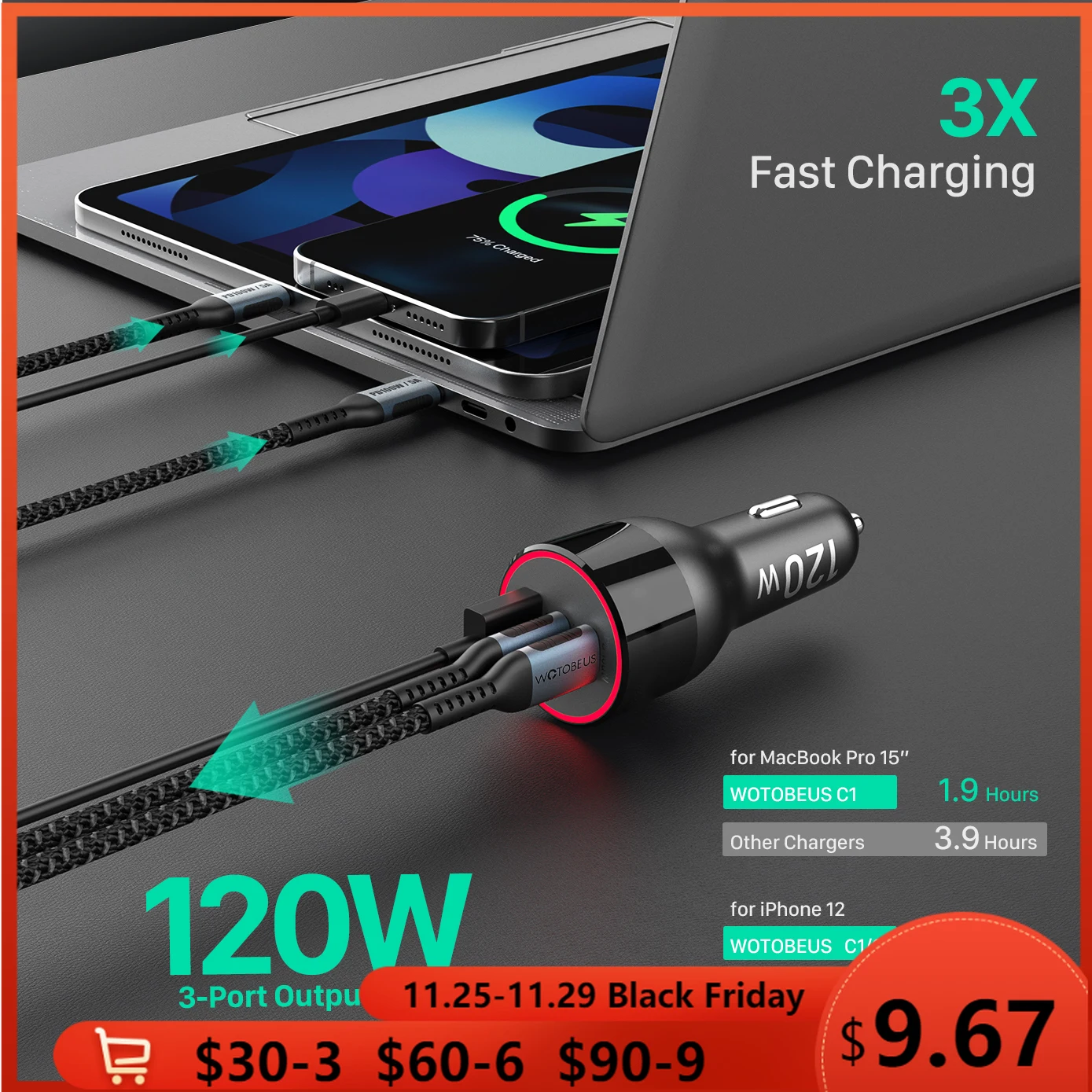 120W Fast Car Charger 3Ports Charge PPS/PD 100W/65W/45W/30W QC3.0 FCP 18W For Lenovo Xiaomi TYPE C Iaptop Tablet iPad iPhone 12 | Мобильные