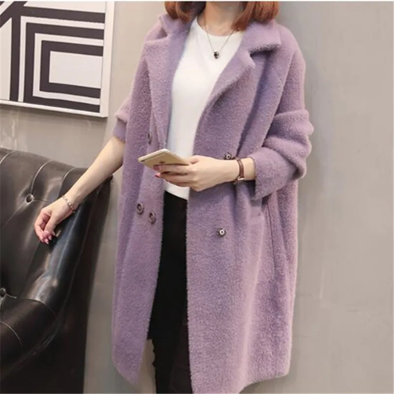 purple Кашемировая Куртка парка для женщин высокого класса осень-зима вязать кардиган шерстяное пальто длинные большой размер, свободного кроя куртка модная изящная верхняя одежда - Цвет: purple