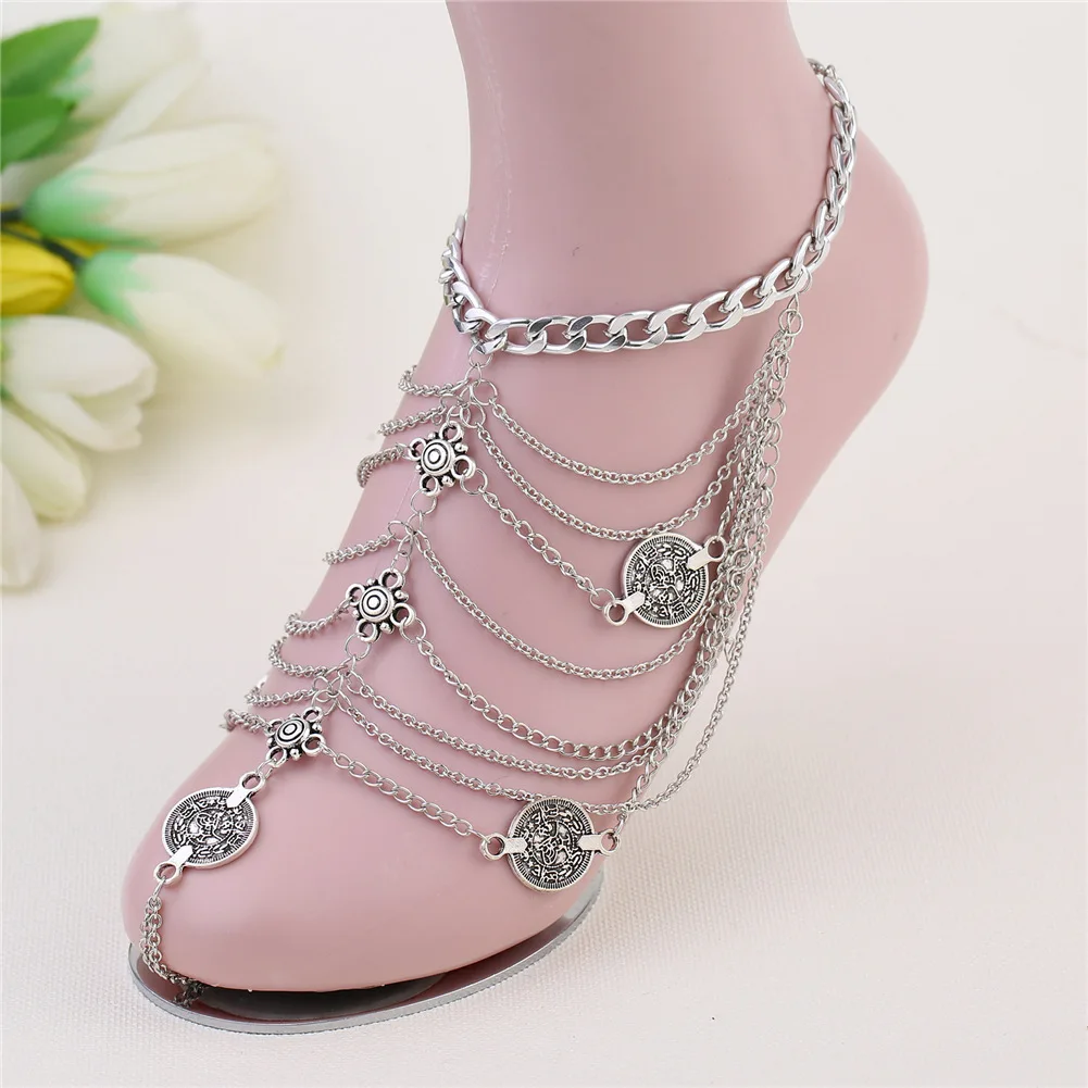 

Europe And America Hot Sales Accessories Punk Retro Beach Metal Coin Foot Ornaments Multilayer Tassels Chain Anklet