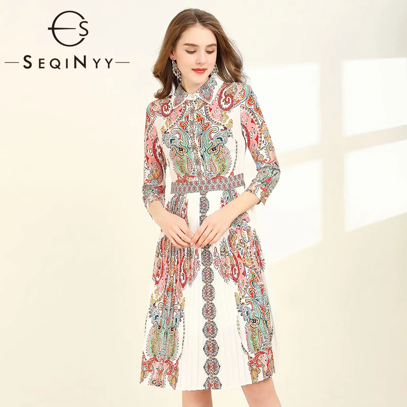 SEQINYY, винтажное платье,, лето, весна, новая мода, дизайнерское, для женщин, рукав 3/4, с цветочным принтом, до колена, узкое, плиссированное платье