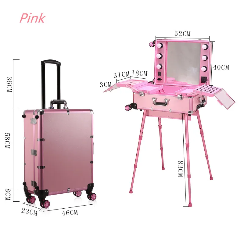 Pink Makeup Artist Suitcase Aluminium Luxury Travel Beauty Manicure Suitcases Mirror Lamp Cosmetic Trolley Tool Box Customized