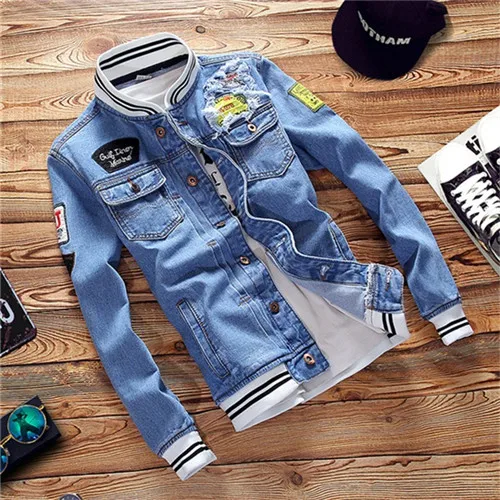 Новая весенне-осенняя куртка-пилот джинсовая мужская повседневная модная мужская бейсбольная куртка-бомбер Модная Джинсовая куртка с вышивкой - Цвет: Lt Blue