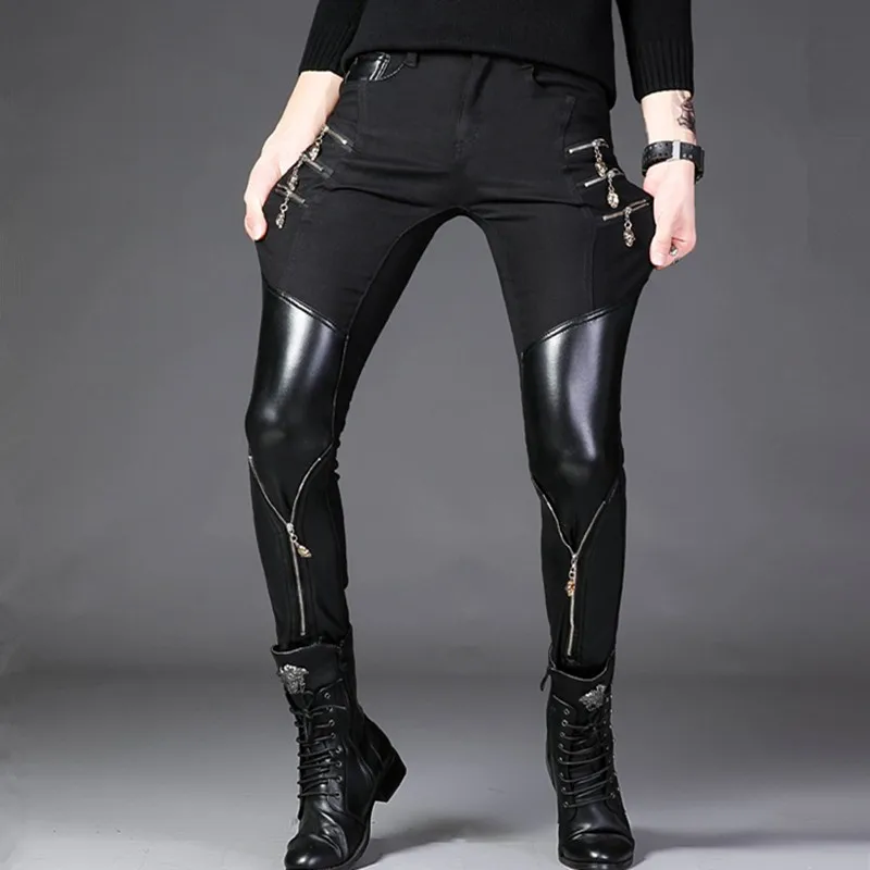 

Faux Leather Trousers Men Skinny Motorcycle Black Strech Mens Pants Fashion PU Leather Male Stretch Stylish Slim Casual Pants