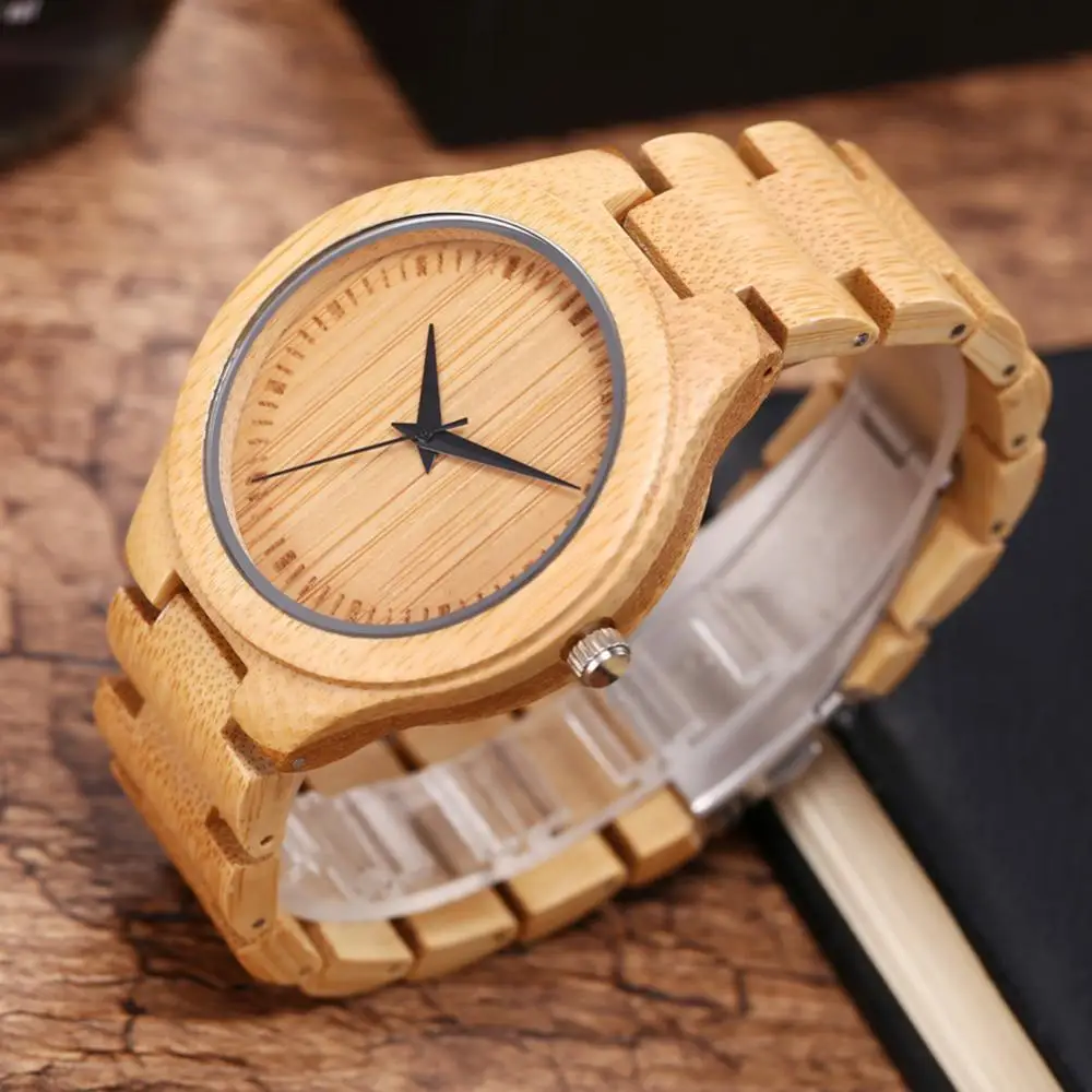 Fashion Men Quartz Wristwatch Wooden No Number Dial Genuine Leather Band Handmade Bamboo Male Wood Watch Gift Reloj Hombre