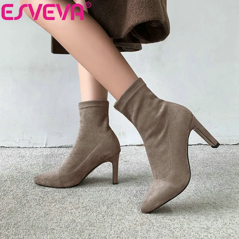 

ESVEVA 2020 Slip On All Match Fashion Western Style Women Shoes Winter Ankle Boots Flock Thin High Heel Boot Size 34-43