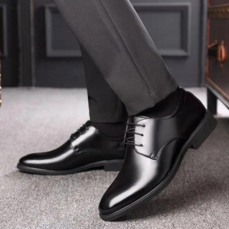 Zapatos de negocios de cuero negro para hombre, calzado de vestir plano con cordones de punta estilo inglés, formales, para primavera y otoño| formales| - AliExpress