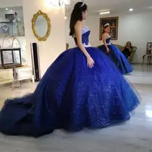 Бальное платье с блестками ярко-синего цвета, бальное платье пышные платья с кружевной аппликацией для девочек 15 лет, платья на день рождения милые вечерние платья 16