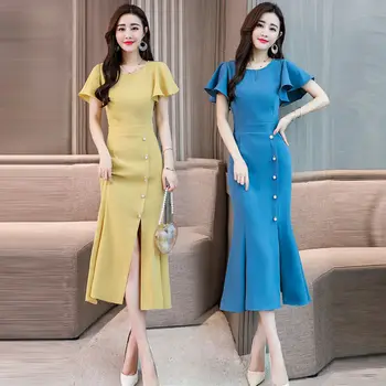 

2020 Women Summer club Dresses O-Neck Mermaid Formal Lotus Leaf Sleeve Button Dresses Elegant Vintage Party Long Gowns FY167