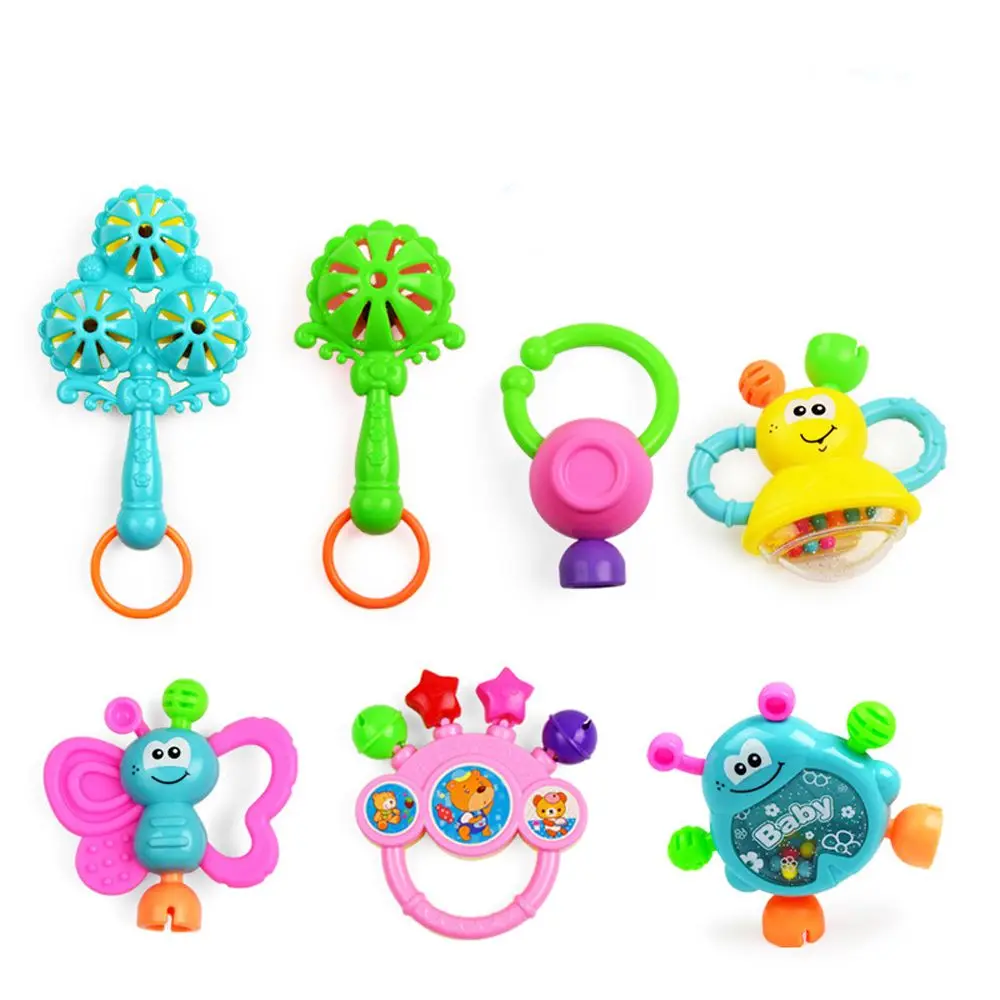 As picture show 7pcs \ Комплект Детская игрушка, Пупс рука поймет погремушки Прорезыватель для зубов молярная кроватки Пластик колокольчик малышей сенсорные обучающие игрушки для детей возрастом от 0 до 12 месяцев - Цвет: As picture show