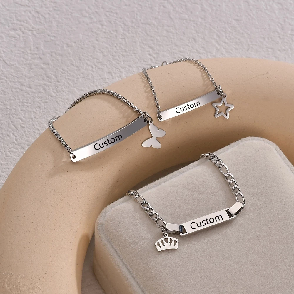 

Personalized Baby Name Bracelet Stainless Steel Heart Star Crown Butterfly Custom Child Bracelets For Boy Girl Christmas Gift