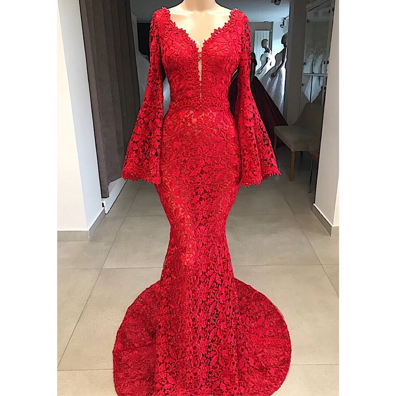 Robe De Soiree элегантное кружевное вечернее платье с длинным v-образным вырезом, открытая Аппликация из бисера Русалка, рукав-труба, вечернее платье
