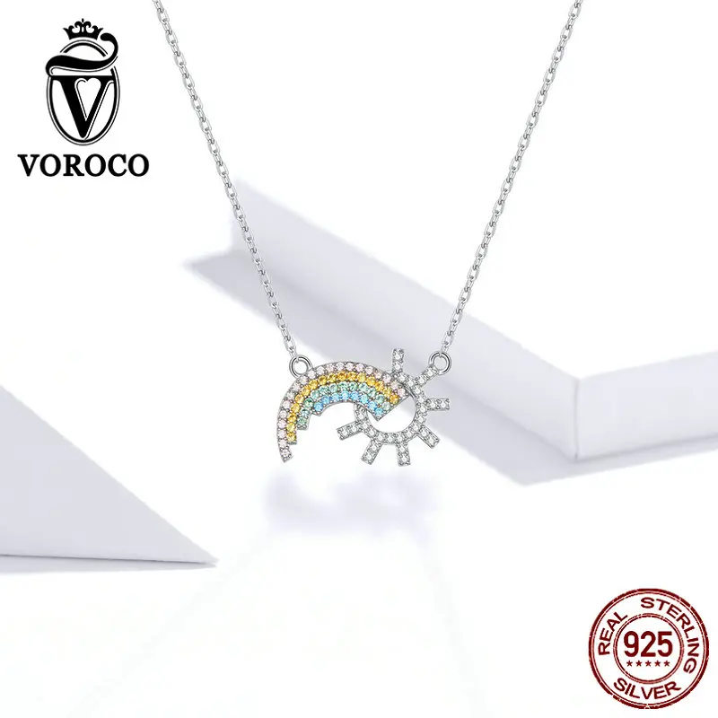 Voroco натуральный 925 пробы серебряный кулон ожерелье Красочный Прекрасный Радуга ожерелье сверкающий Циркон ювелирные изделия 45 см BKN366