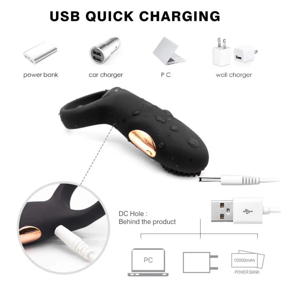 USB Водонепроницаемый зарядный флирт язык 12 Скорость вибрации клитор стимулирует массажное кольцо группа вибрирующий язык петух кольца