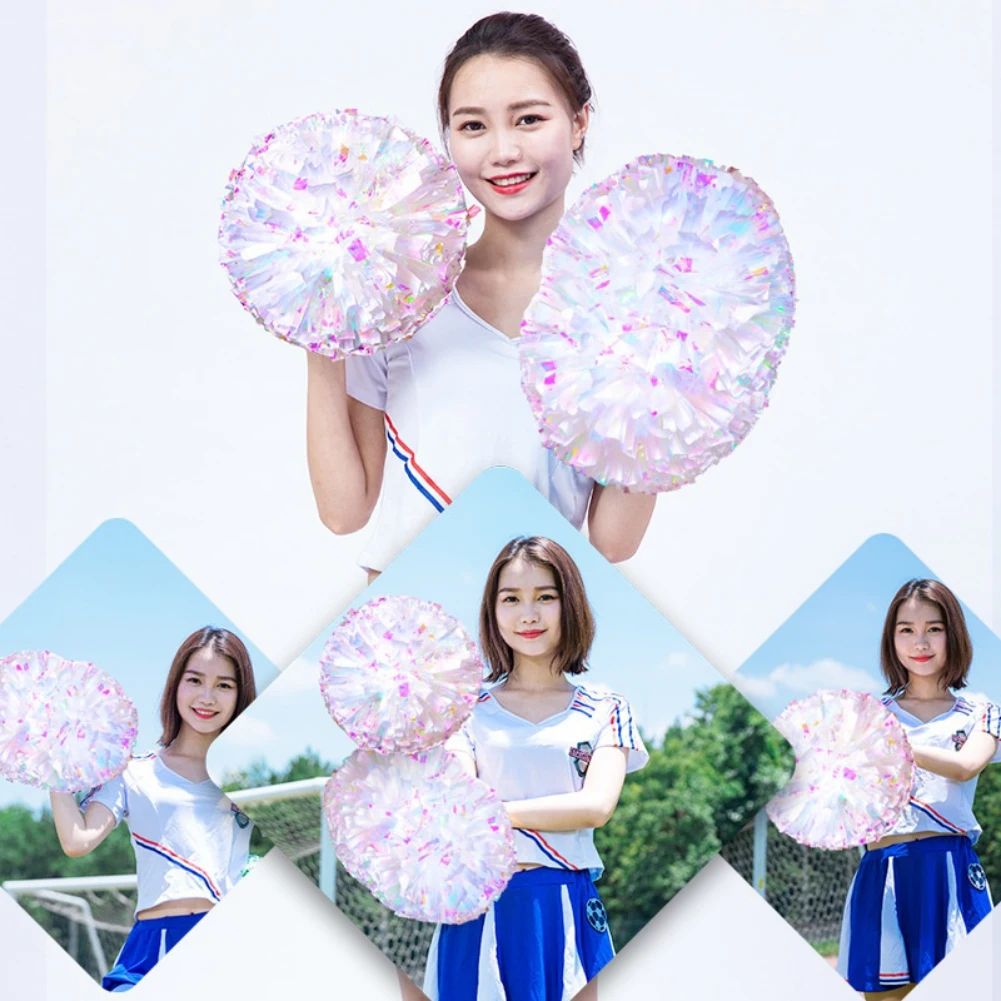 Description Picture 2 of item1 Pair Cheerleader Pom Poms Rainbow Flower Ball Metallic  Cheerleading Pompoms Cheer Pom Majorettes Bouquet Plastic Handles