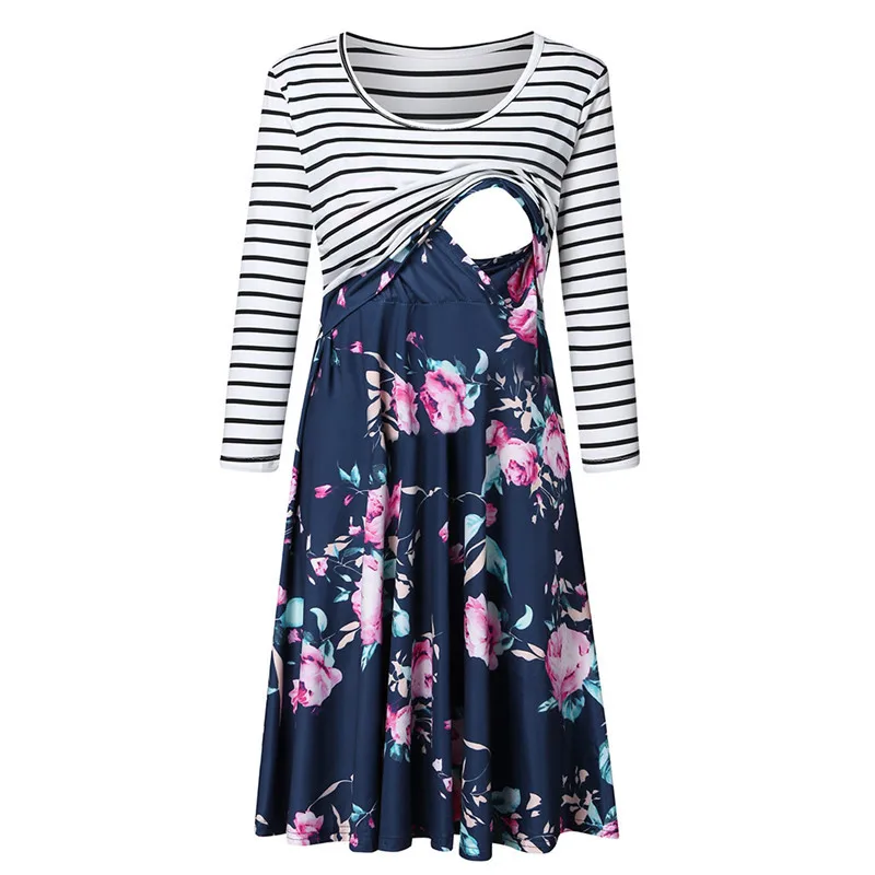 

Women Maternity Full Dress Fashion Striped Splicing Print O-Neck Dress Breastfeeding Ladies Casual Pregnancy S-2XL