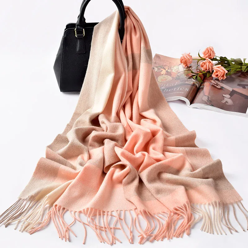 

Women Winter 100% Cashmere Scarf Plaid Echarpe 2019 Brand Pashmina Wraps with Tassel Warm Foulard Femme Pure Cashmere Scarves