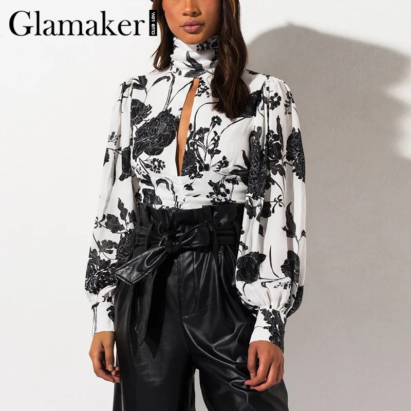 

Glamaker Hollow out backless sexy club women blouse Vintage turtleneck flower print crop top Female lantern sleeve short top new
