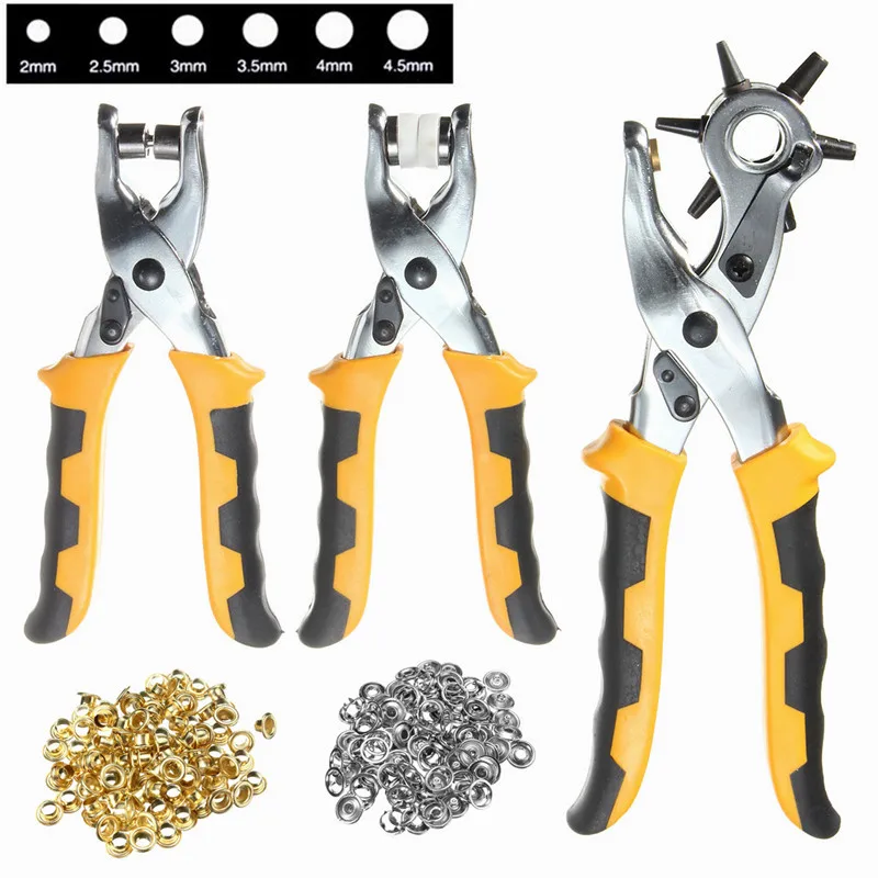 

KiWarm Top Quality 3 in1 Leather Belt Hole Punch+ Eyelet Plier +Snap Button Grommet Setter Tool Kit Round 2.5/3/3.5/4/4.5/5mm