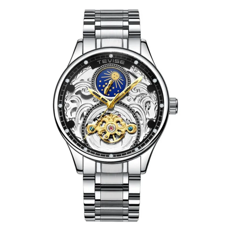 TEVISE часы Moon phase полые tourbillon автоматические механические наручные часы из нержавеющей стали мужские часы браслет часы - Цвет: Color 06
