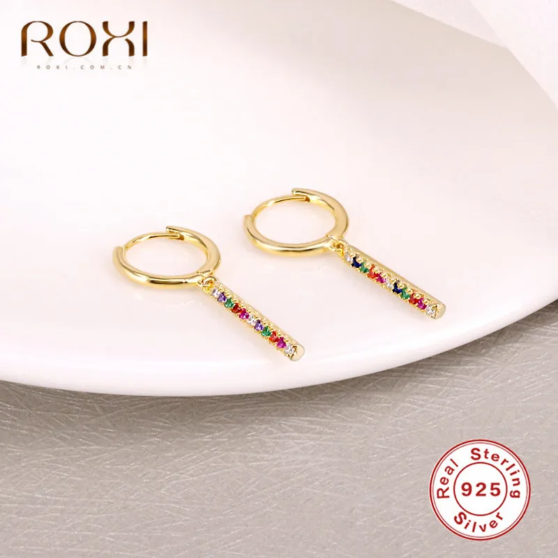 ROXI, простой дизайн, 925 пробы, Серебряные длинные серьги, Золотая Радуга, CZ Huggie, ювелирные изделия для женщин, дешевые корейские сережки-шпильки, Brincos
