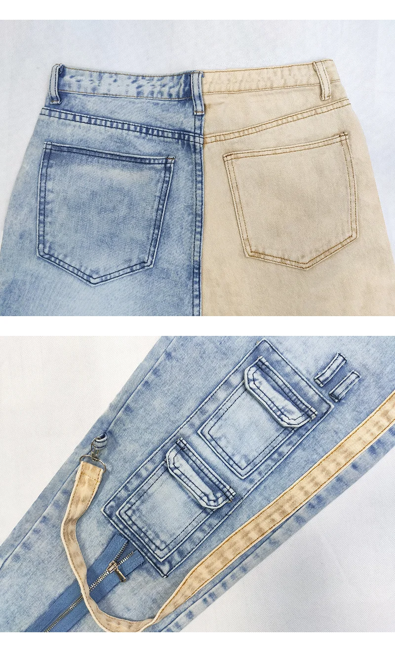 2023 New Khaki Denim Blue Personalized Color-blocking Washed Jeans Men's Straight Pants Zipper Tooling