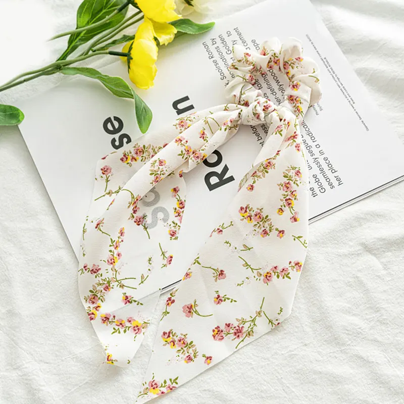 best headbands for women Korean Bow Long Ribbon Hair Scrunchie Chiffon Floral Print Sweet Elastic Hair Band Ponytail Hair Scarf Hair Tie Hair Accessories metal hair clips