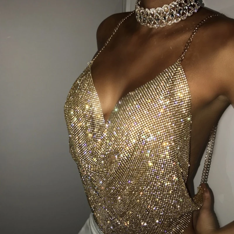 Gold Женский сексуальный укороченный топ с открытой спиной, майка с блестками Moda Mujer, лето, v-образный вырез, цепь, вечерние, для клуба, уличная одежда, женская одежда - Цвет: Gold